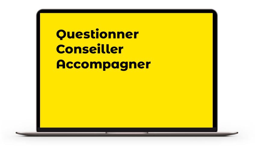 Un ordinateur avec les mots "questionner, Conseiller, Accompagner"