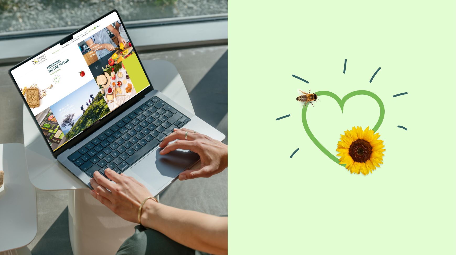 Une image d'une personne naviguant sur le site Nutrition et Santé et un coeur sur la nature.